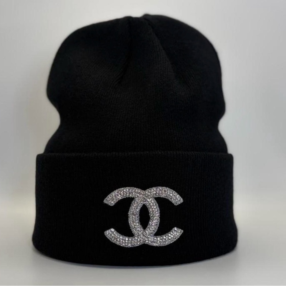 NEW Black Satin lined Rhinestone Logo Beanie